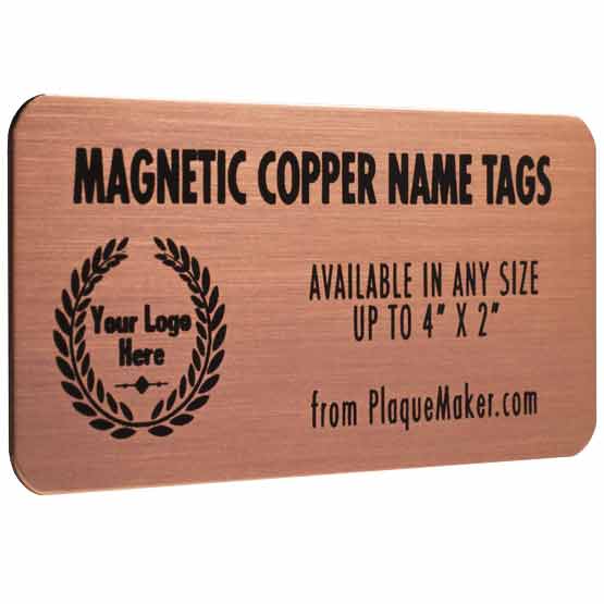 Copper Magnetic Name Badge Laser Fused With Product Description And Showing Customizable Options And Areas For Text And Art