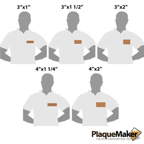 Size Guide With Blank Figures Wearing Different Sizes Of Custom Copper Magnetic Name Badges Against White Background