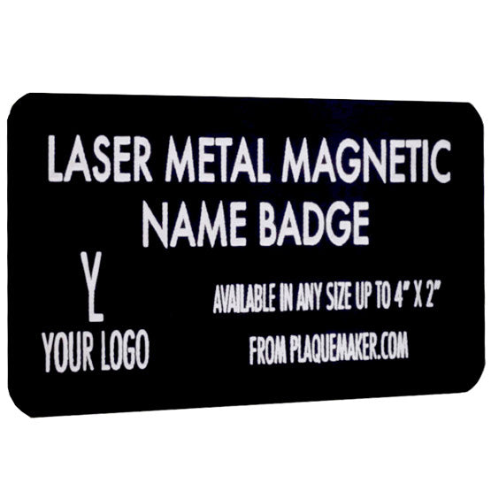 Custom Black Magnetic Name Badge With White Engravings Of Product Description And Showing Customization Options And Areas