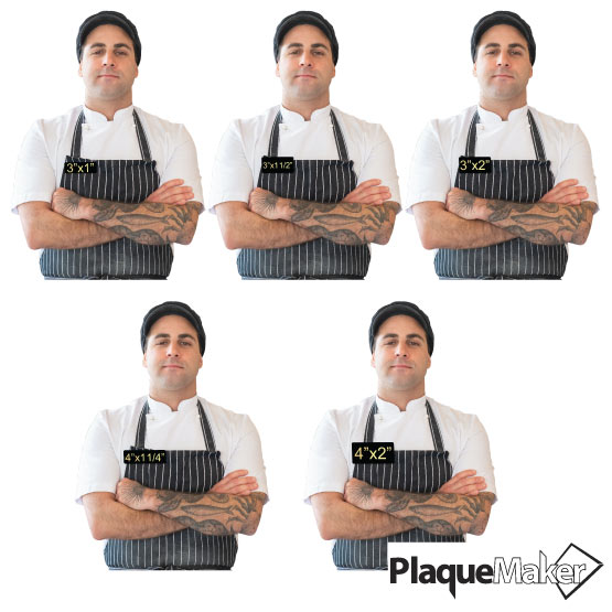 Size Guide With Man Wearing Different Sizes Of Black Laser Metal Magnetic Name Badges Against A White Background