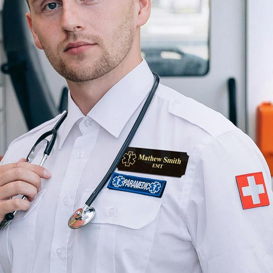 Custom Black With Gold Aluminum Name Tag For EMT On Paramedic's Shirt.