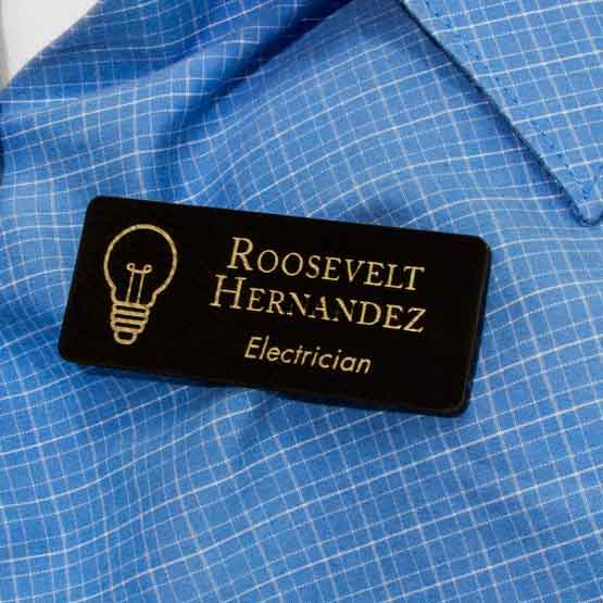 Custom Black Faux Leather Name Tag With Title And Logo On Dress Shirt.