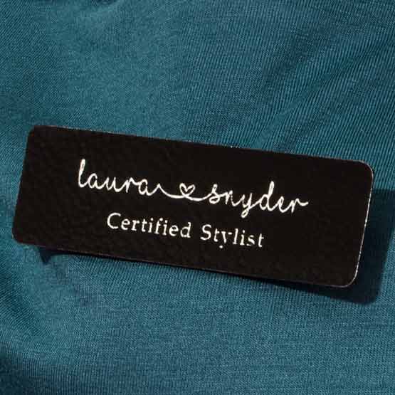 Laser Engraved Faux Leather Black With Silver Name Tag On Teal Shirt.