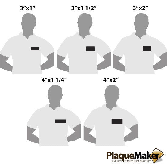 Size Guide Featuring 5 Popular Sizes Of Black With Silver Faux Leather Name Tags Up To 4x2 Inches.