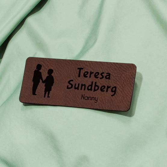 Laser Engraved Dark Brown Faux Leather Name Tag On Wind Breaker.