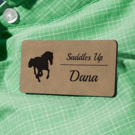 Light Brown Faux Leather Name Tag On Green Dress Shirt.