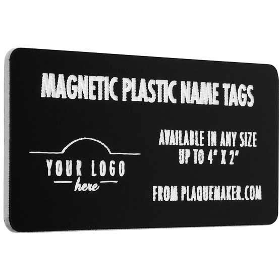 Plastic Black Magnetic Name Badge With White Engravings Of Product Description And Showing Customization Options And Areas