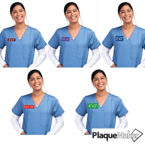 Size Guide Featuring Woman Wearing 5 Popular Sizes Of Custom Plastic Medical Name Tags Up To 4x2 Inches.