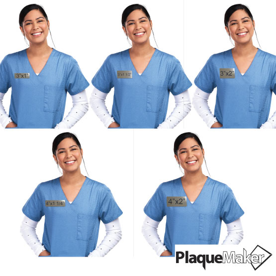 Size Guide Featuring Woman Wearing 5 Popular Sizes Of Custom Stainless Steel Medical Name Tags Up To 4x2 Inches.