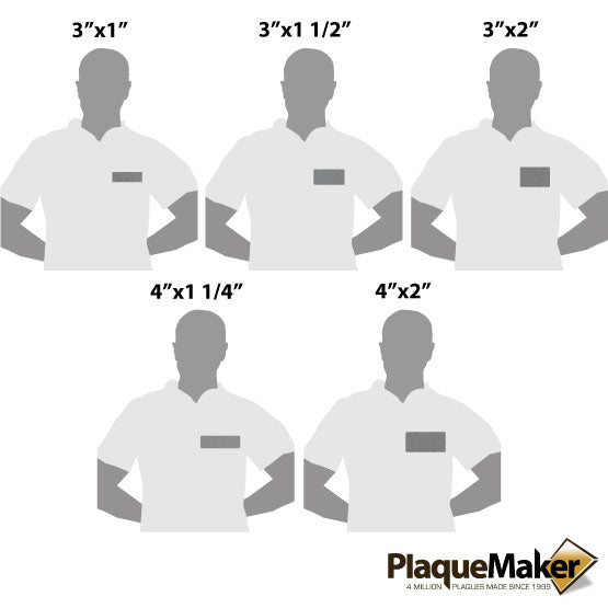 Size Guide With Blank Figures Wearing Different Sizes Of Custom Titanium Magnetic Name Badge Against White Background