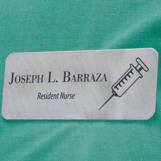 Engraved Titanium Medical Name Tag For Resident Nurse On Scrubs.