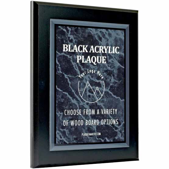 Black Marble Themed Acrylic Plaque With Black Board And Showing Customization Options And Areas Against White Background