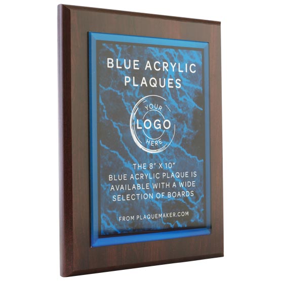 Blue Marble Themed Acrylic Plaque With Wood Board And Showing Customization Options And Areas Against White Background