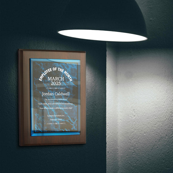Blue Marble Themed Acrylic Plaque Award For Employee Of The Month With Wood Board Mounted On Office Wall By Lamp
