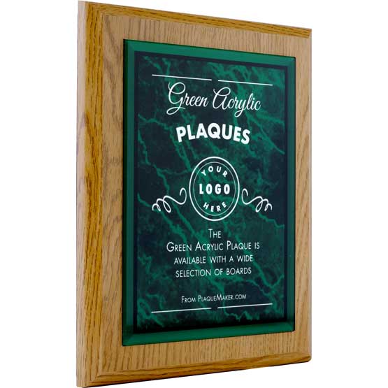 Green Marble Themed Acrylic Plaque With Wood Board And Showing Customization Options And Areas Against White Background