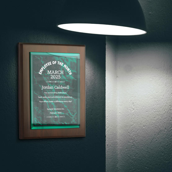 Green Marble Themed Acrylic Plaque Award For Employee Of The Month With Wood Board Mounted On Office Wall By Lamp