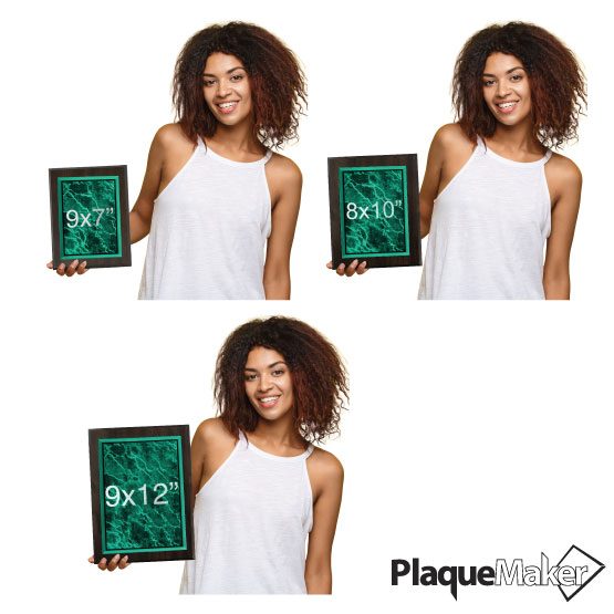 Size Guide With Woman Holding Three Different Sizes Of Custom Green Marble Themed Acrylic Plaque With Wood Board