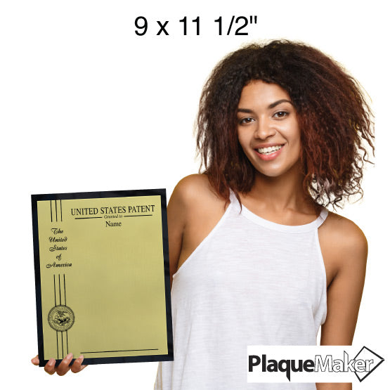 Size Guide Showing Woman Holding A 9 x 11 1/2 Inch Plaque For Patent Plaque.