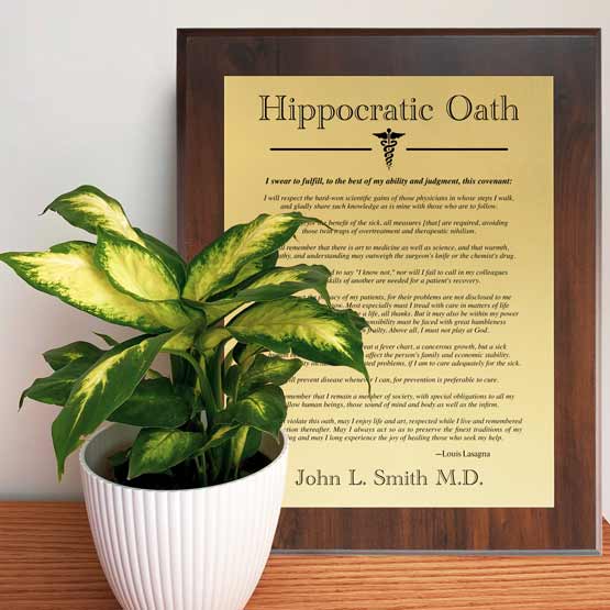 Doctor's Hippocratic Oath Medical Plaque Near Potted Plant On Console Table.