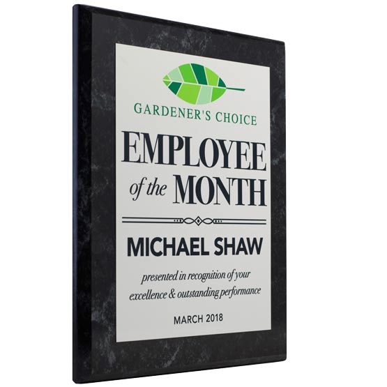 Custom Employee Of The Month Plaque On Silver Metal With Your Logo, Name, And Date.
