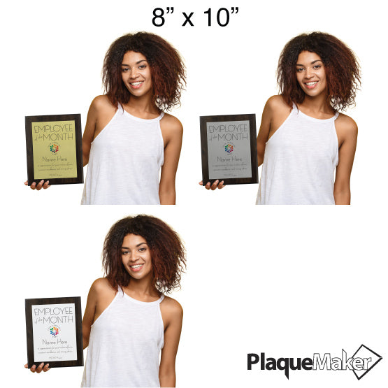 Size Guide Demonstrating The 3 Available Colors Of Metal For 8x10 Inch Employee Of The Month Plaque.