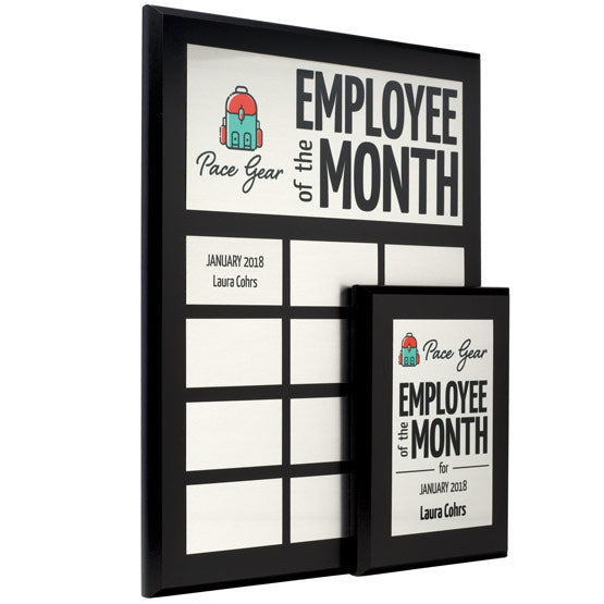 Custom Aluminum Perpetual Plaque With Logo And Employee Of The Month Text Beside Single Perpetual Plaque From Set Of Twelve