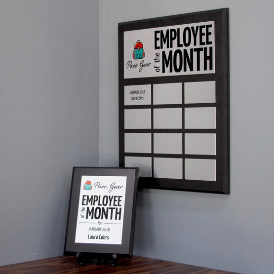 Custom Aluminum Perpetual Plaque Award For Employee Of The Month On Office Wall Near Wood Shelf With Single Plaque Award