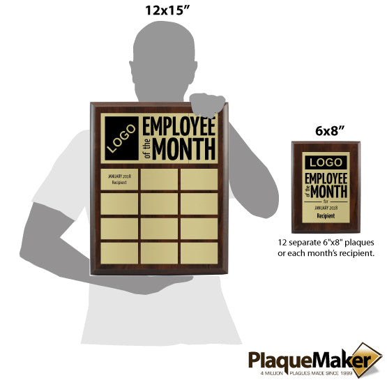 Size Guide With Blank Figure Holding Gold Aluminum Perpetual Plaque Award For Employee Of The Month Beside Single Plaque