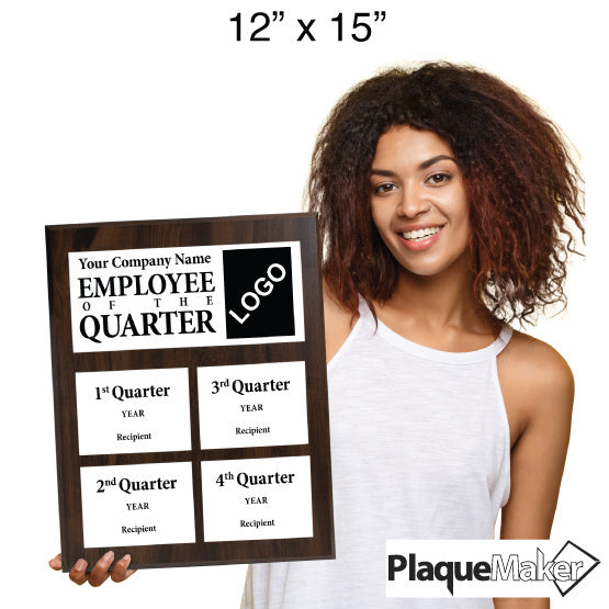 Size Guide Featuring Woman Holding 12x15 Inch Perpetual Plaque For Employee Of The Quarter.