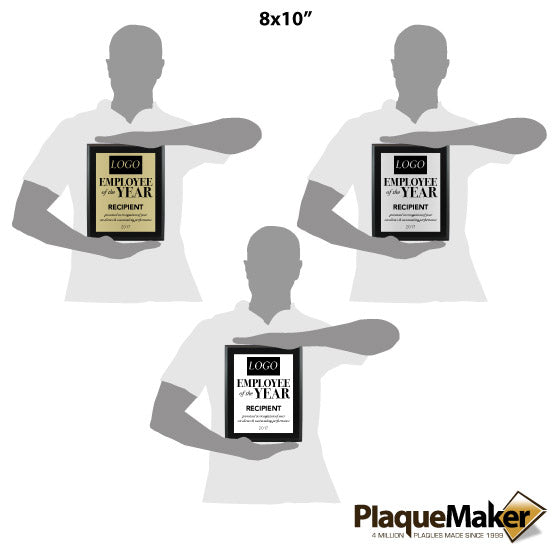 Size Guide Featuring 3 Available Colors Of Metal With Gray Man Holding 8x10 Inch Plaque.