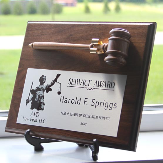 Silver Aluminum Plaque Award For Legal Service With Walnut Board And Detachable Walnut Gavel Displayed On Window Sill