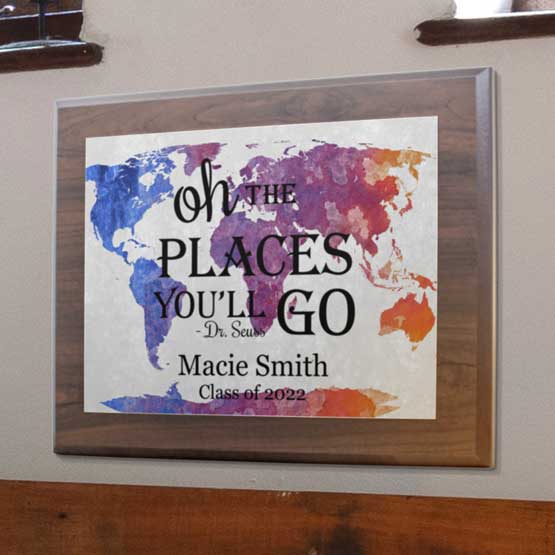 Custom Graduation Plaque With Dr. Seuss Quote Hanging On Wall.