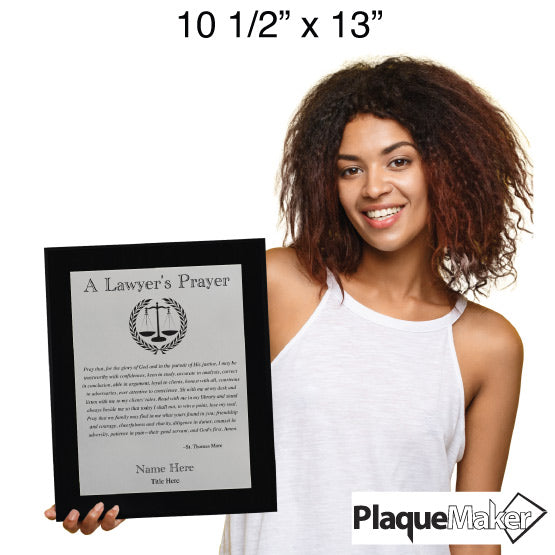 Size Guide Featuring Smiling Woman Holding a 10 1/2 x 13 Inch Lawyer's Prayer Plaque.