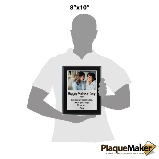 Size Guide Featuring Gray Man Holding A 8x10 Inch Mother's Day Plaque In Full Color.