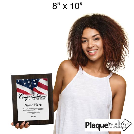Size Guide Featuring Smiling Woman Holding A 8x10 Inch Military Retirement Plaque.