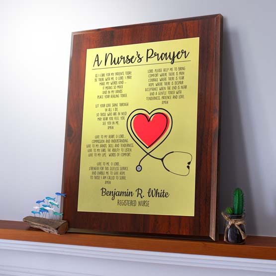 Custom Nurse's Prayer Plaque On Picture Ledge With Cactus And Driftwood.