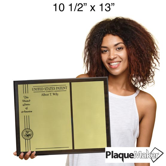 Size Guide Featuring A Woman Holding 12x15 Inch Boardroom Patent Plaque With Gold Metal.