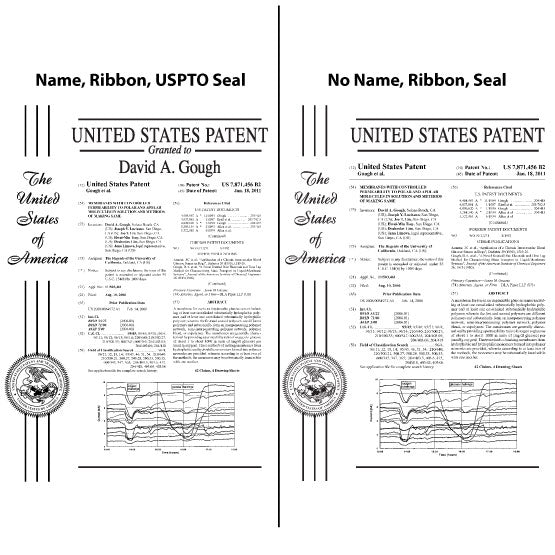 Side By Side Examples Of Custom Patent Plaque Design Options For Name And Ribbon And Seal Layout 