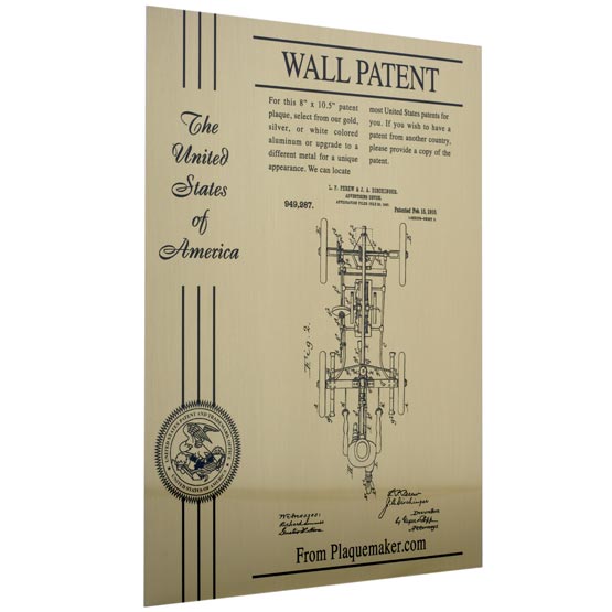 Custom Gold Aluminum Wall Patent Plaque Sign With Patent Image And Details Beside USPTO Seal And Ribbon 