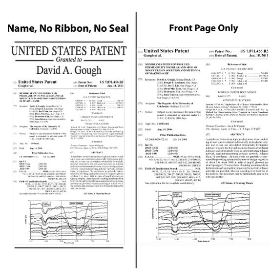 Side By Side Examples Of Custom Aluminum Patent Plaque Design Options For Name And Ribbon And Seal And Front Page Only