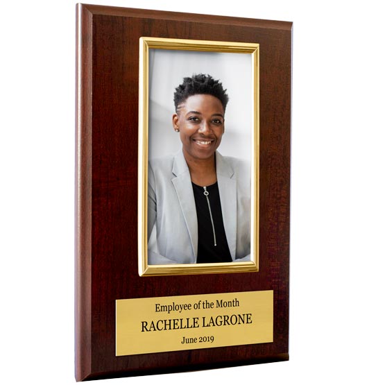Custom Picture Frame Plaque Award For Employee Of The Month Or Year With Employee Photo And Gold Plate On Wood Board