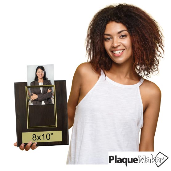 Size Guide With Woman Holding Custom 8 By 10 Picture Frame Plaque Award For Employee Of The Month