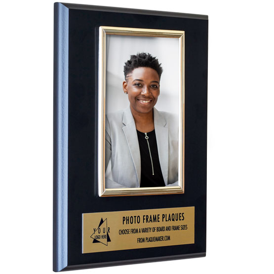 Custom Picture Frame Plaque With Employee Photo Inside Gold Frame And A Gold Aluminum Plate On A Black Board