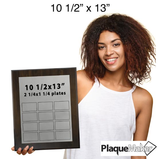 Size Guide With Happy Woman Holding Economy Same Day Perpetual Plaque With Silver Aluminum Plate Showing Measurements