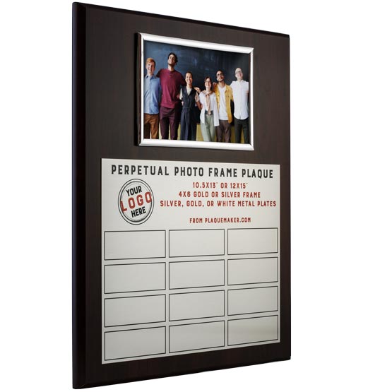Custom Perpetual Award Plaque With Picture Frame And Silver Aluminum Plates On Wood Board Showing Customizable Areas