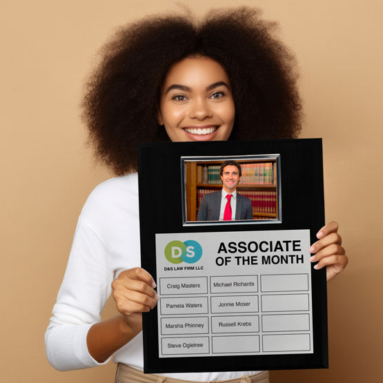 Happy Woman Holding Custom Perpetual Award Plaque For Associate Of The Month With Picture Frame And Silver Plates