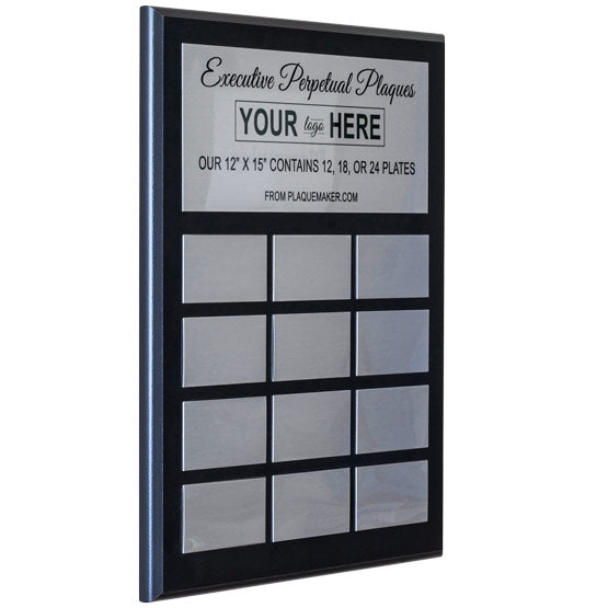 Custom Executive Perpetual Plaque With Silver Aluminum Plates On A Black Board Showing Customizable Areas