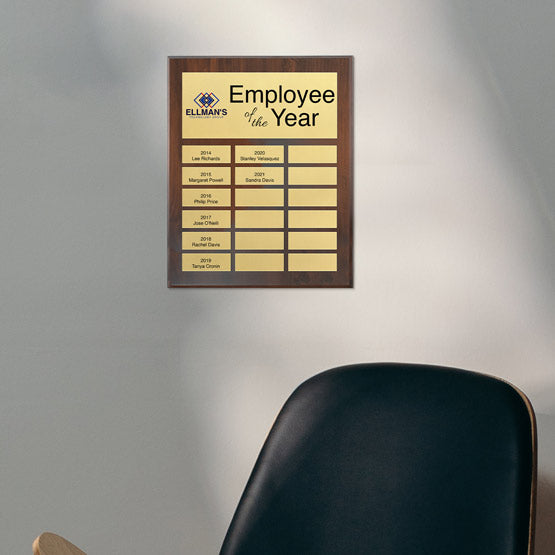 Custom Wood Perpetual Plaque With Gold Metal Plates And Employee Of The Year Text Mounted On Office Wall