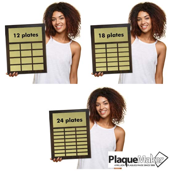 Size Guide With Happy Woman Holding Different Sizes Of Custom Executive Perpetual Plaques With Gold Plates