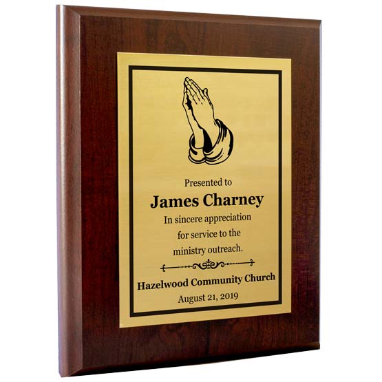 Custom Aluminum Thank You Plaque For Religious Achievement With Appreciation Message On Gold Plate And Wood Board